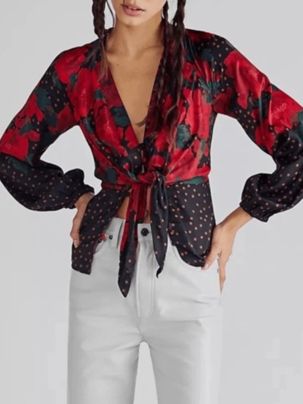 ✨ NWT Free People Run Free Floral Tie Front Blouse – Size Small ✨